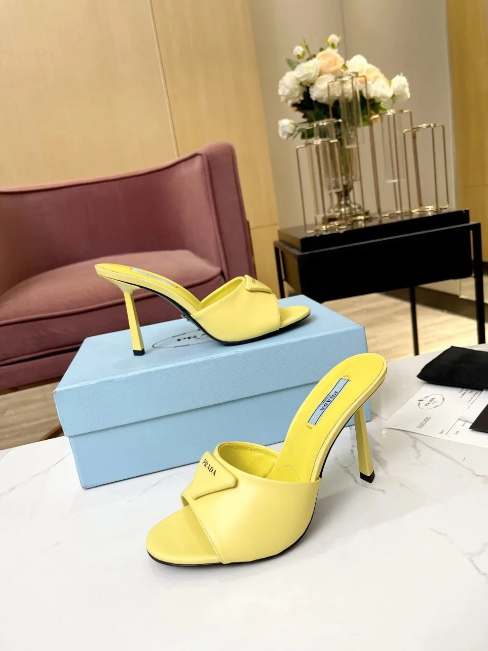 Prada Heeled Sandals 75mm in Yellow Brushed Leather product view 6