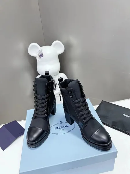 Prada Ankle Boots in Black Brushed Leather and Nylon product view 5