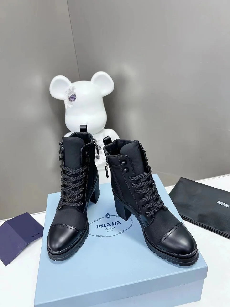 Prada Ankle Boots in Black Brushed Leather and Nylon product view 5