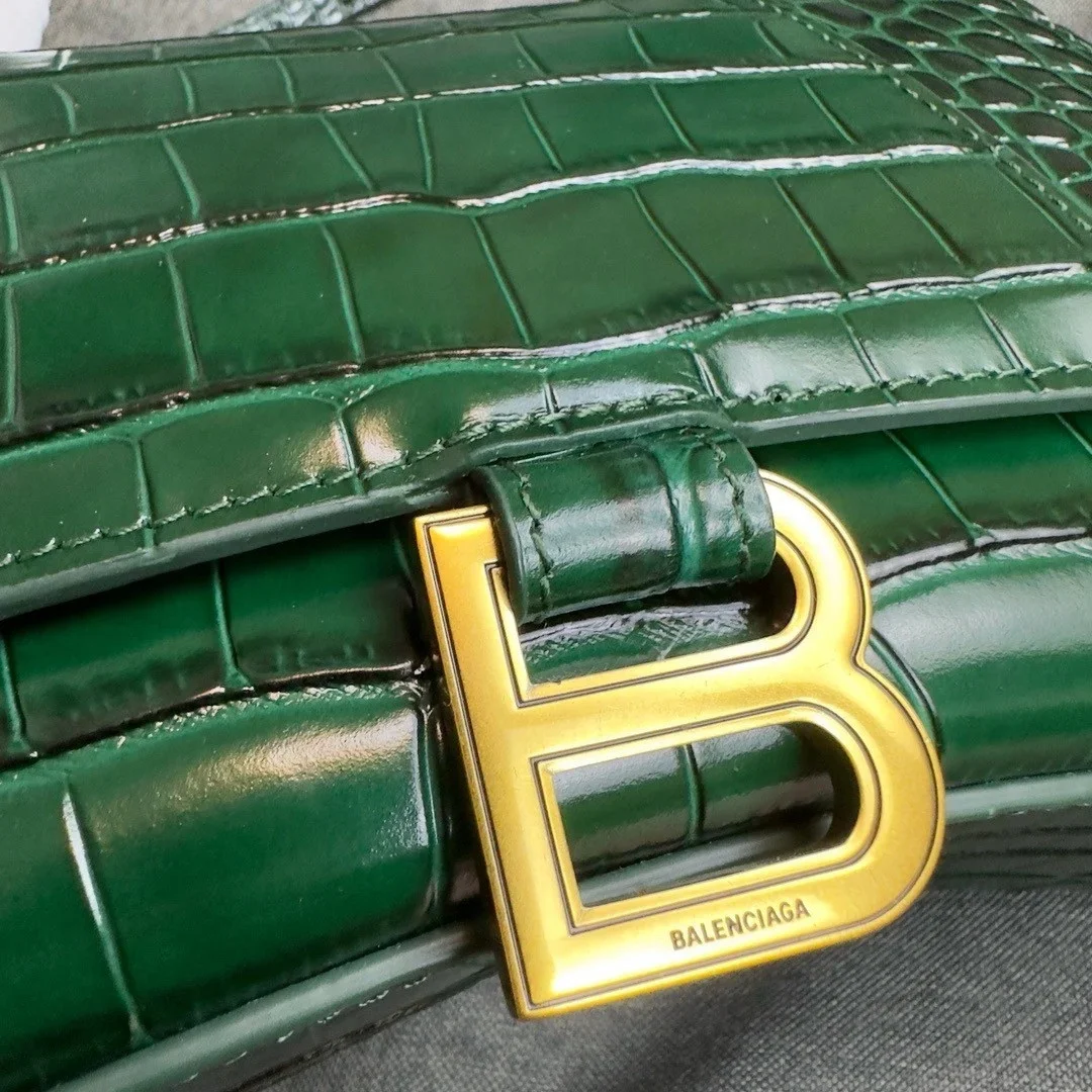 Balenciaga Hourglass Small Bag in Green Croc-Embossed Calfskin product view 3