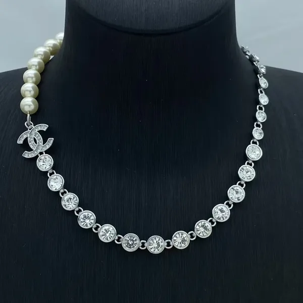 Chanel Half Pavé Half Pearl-Effect Necklace Silver-Tone product photo
