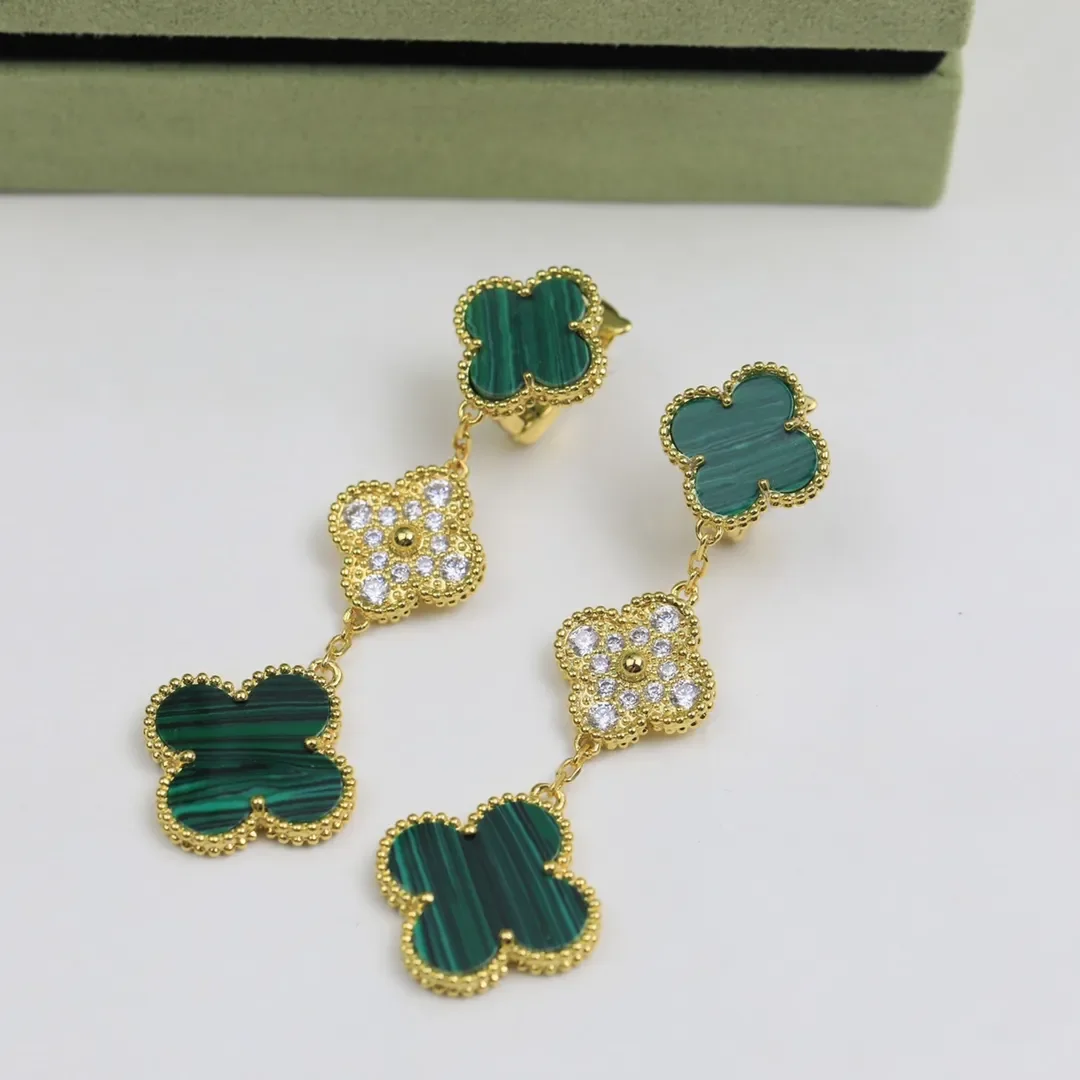Van Cleef & Arpels Alhambra Green and Pave-Effect Three-Motif Gold-Tone Drop Earrings product view 6
