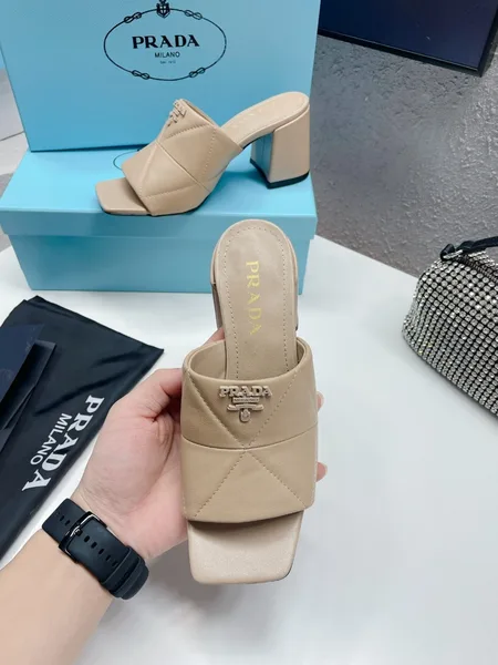 Prada Heeled Slide Sandals 65mm In Beige Nappa Leather product view 2