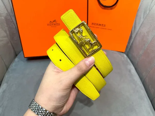 Hermès Yellow/Brown Reversible Belt with Gold-Tone Horse-and-Carriage Buckle product view 4