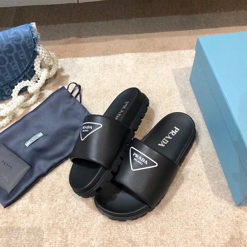 Prada Black Leather Slides with Printed Triangle Logo product view 3