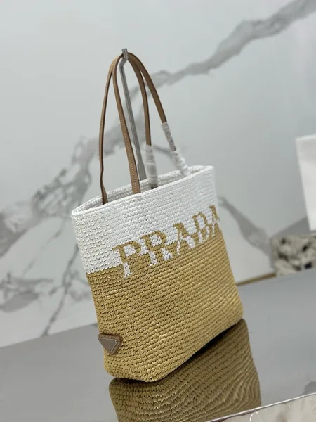 Prada Crochet Small Tote Bag in Beige/White Raffia-effect Yarn product view 5