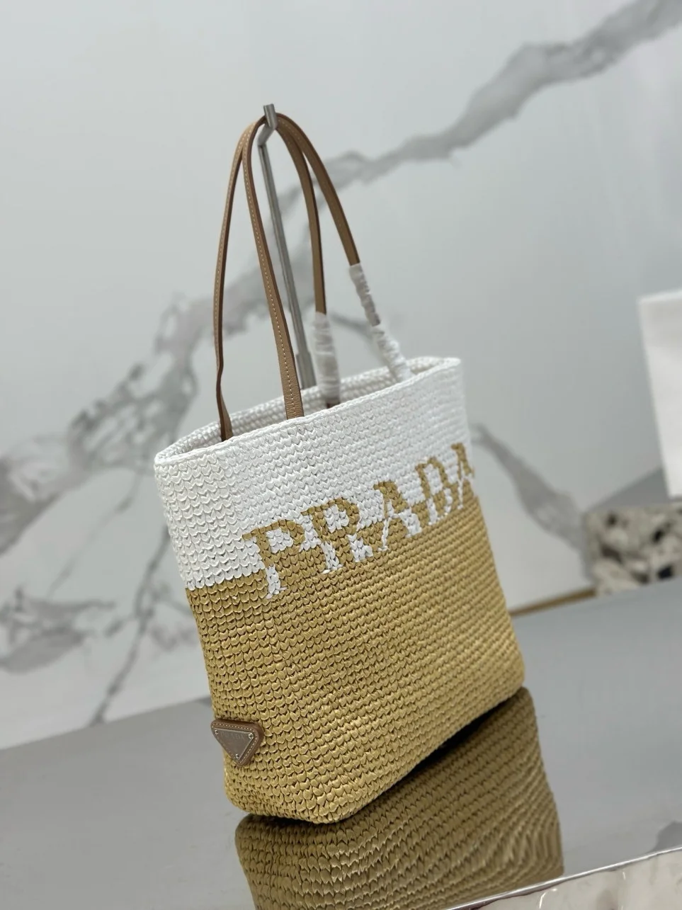 Prada Crochet Small Tote Bag in Beige/White Raffia-effect Yarn product view 5