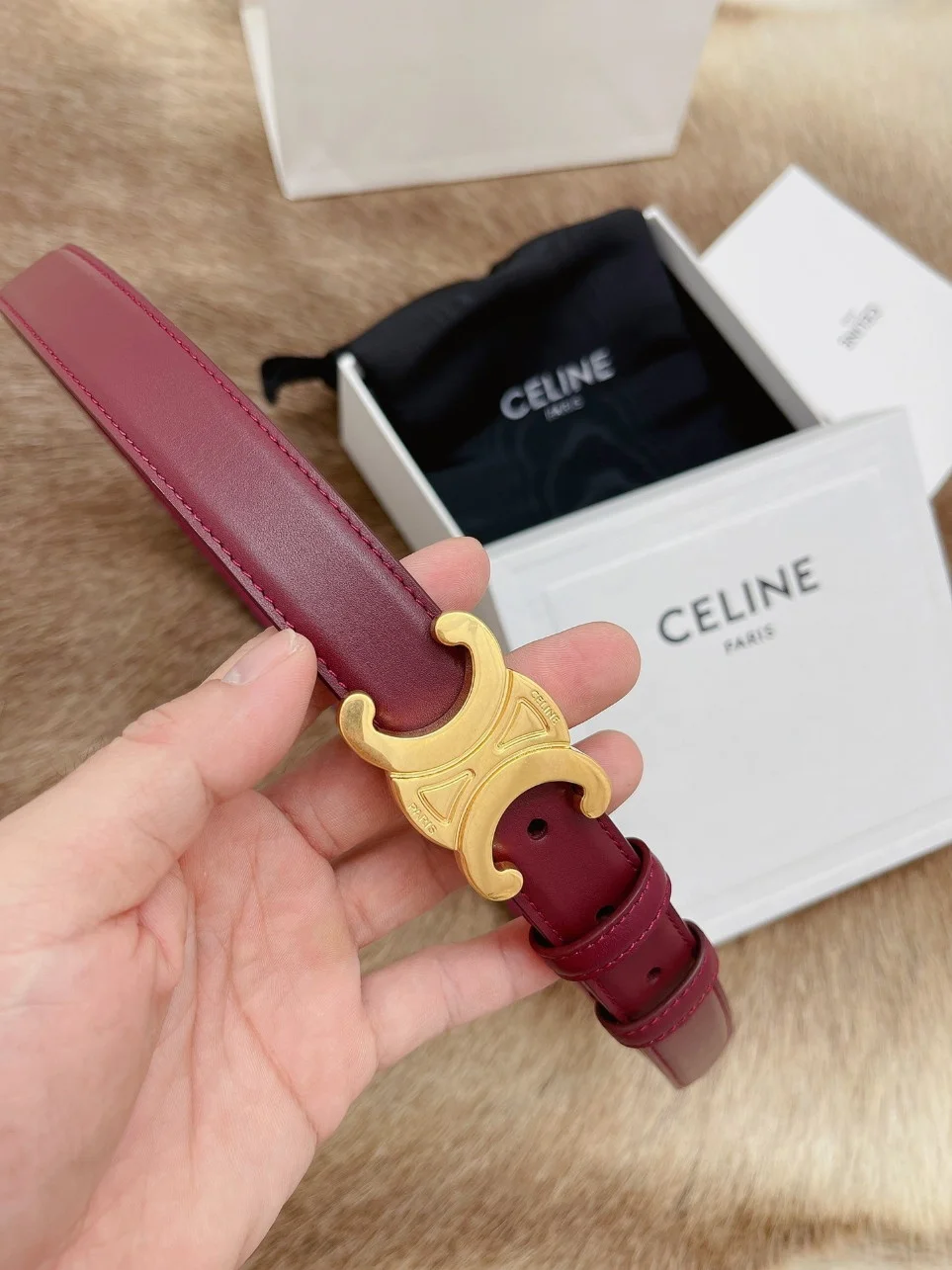 Celine Medium Triomphe Belt 25MM in Bordeaux Calfskin product view 4