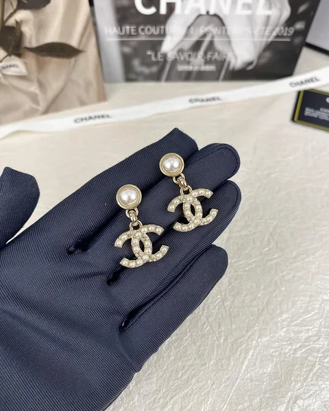 Chanel Pearl-Effect Pavé CC Drop Earrings Gold-Tone product view 7