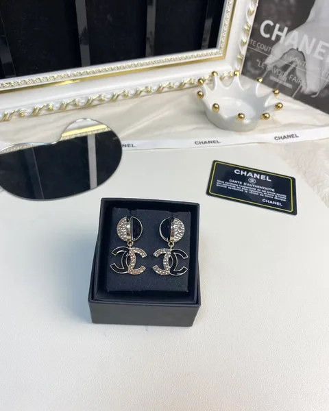 Chanel Black Enamel Pavé CC Drop Earrings Black and Gold-Tone product view 6