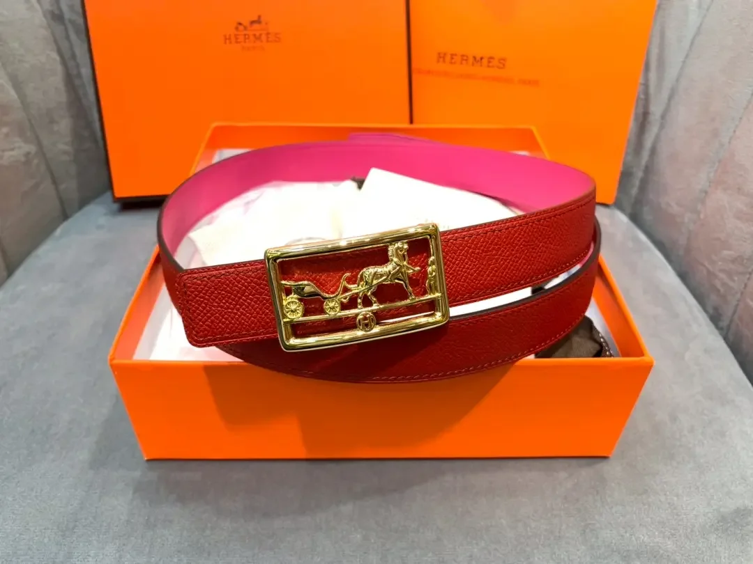 Hermès Red/Bright Pink Reversible Belt with Gold-Tone Horse-and-Carriage Buckle product view 3