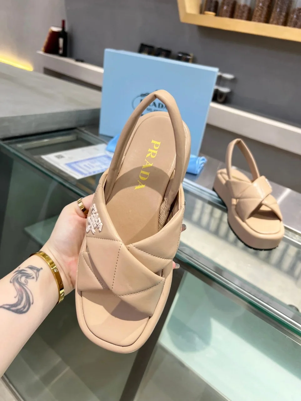 Prada Flatform Sandals In Beige Quilted Nappa Leather product view 4
