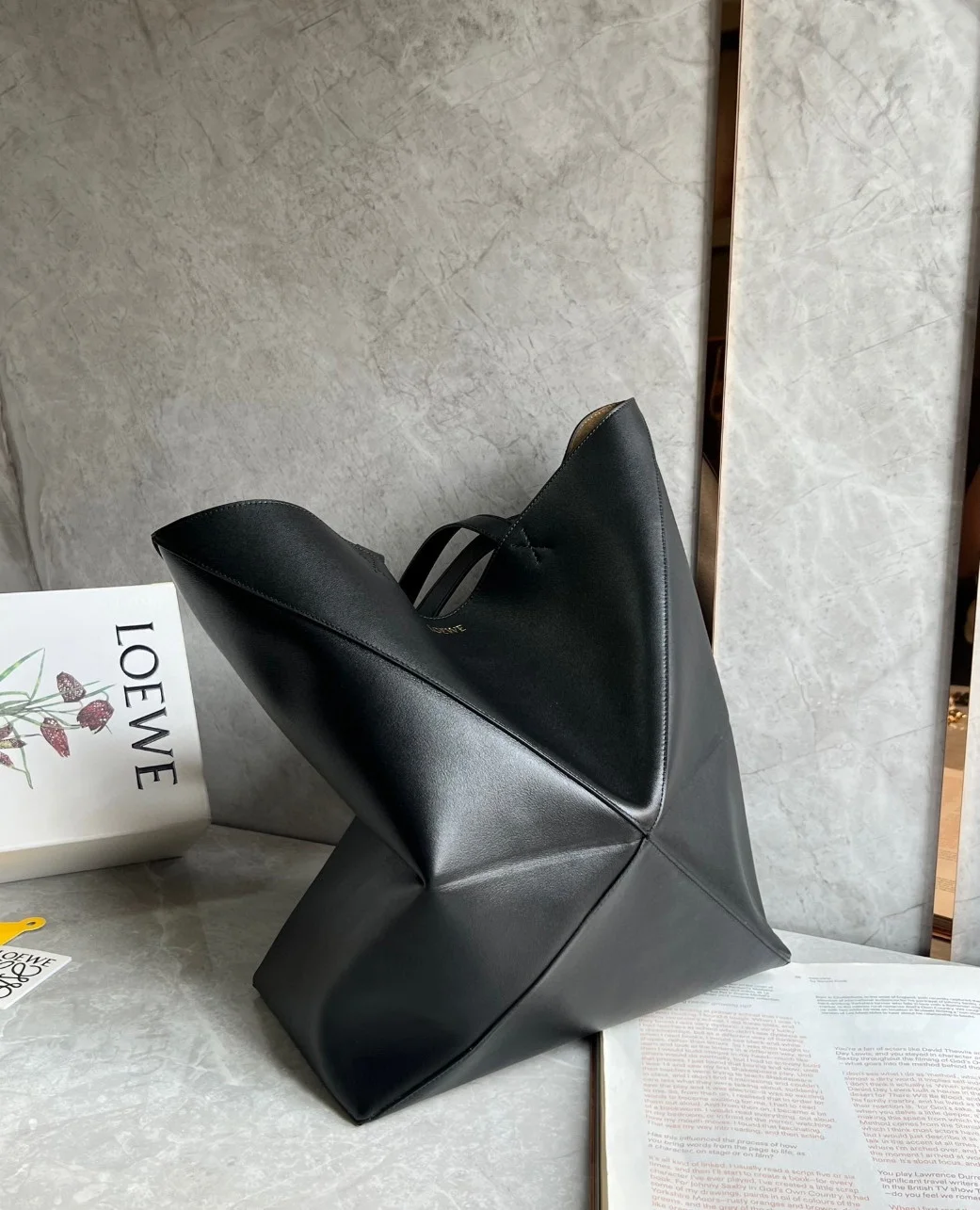 Loewe Large Puzzle Fold Tote Bag in Black Calfskin product view 2