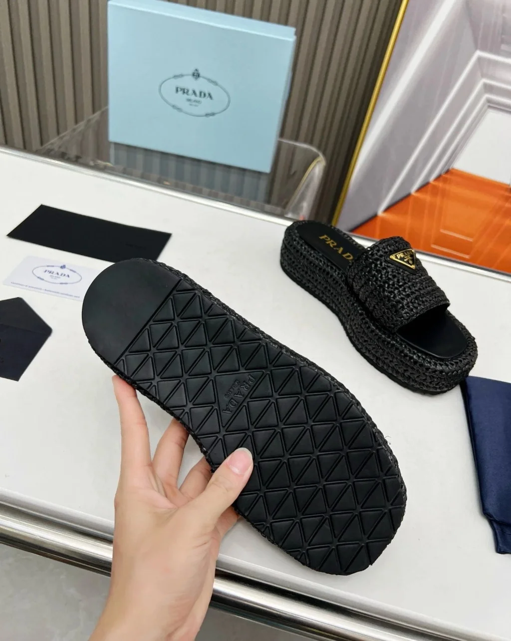 Prada Crochet Flatform Slides in Black Raffia-effect Yarn product view 2