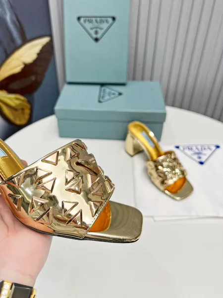 Prada Heeled Slide Sandals 65mm In Gold Metallic Leather product view 3