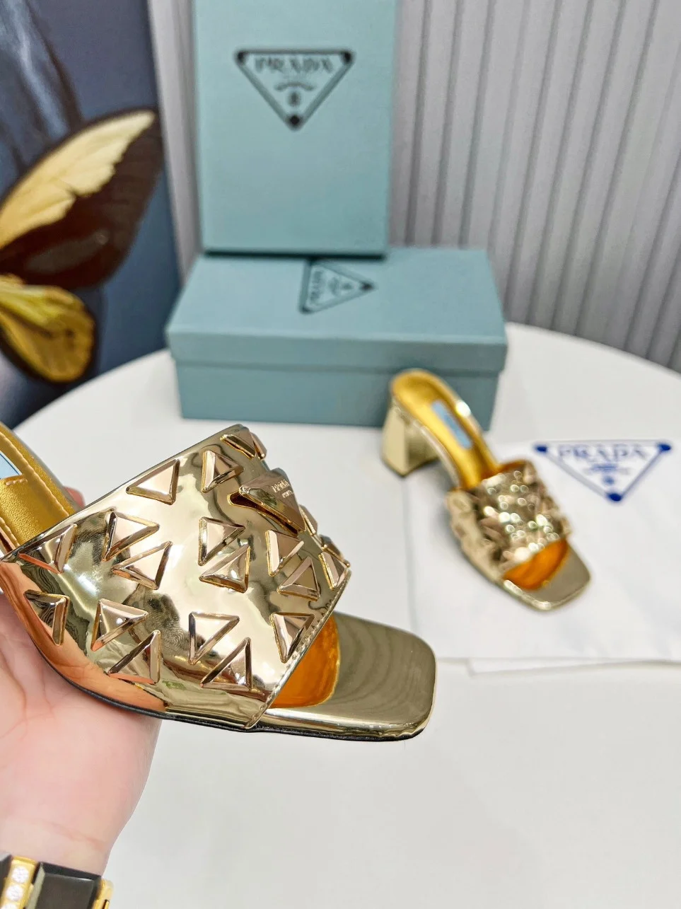 Prada Heeled Slide Sandals 65mm In Gold Metallic Leather product view 3