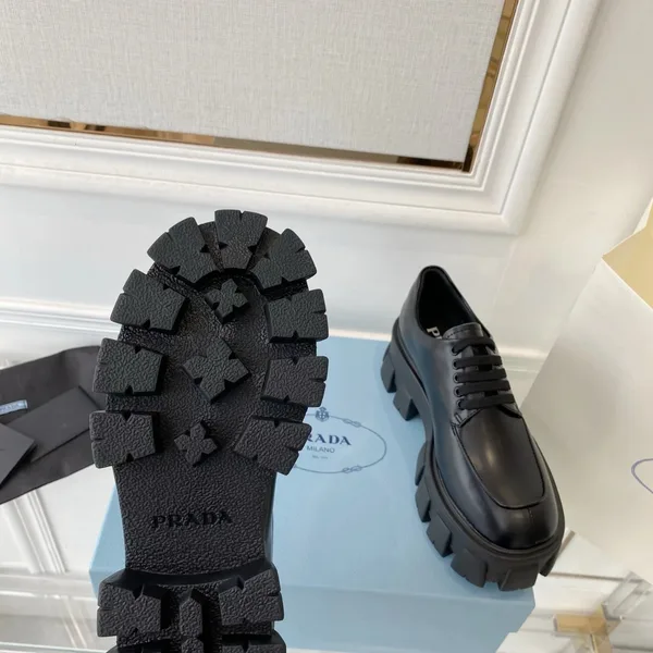 Prada Monolith Lace-up Loafers in Black Brushed Leather product view 8