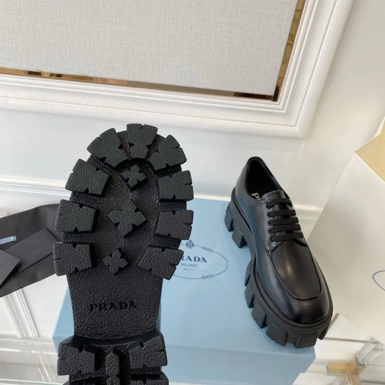 Prada Monolith Lace-up Loafers in Black Brushed Leather product view 8