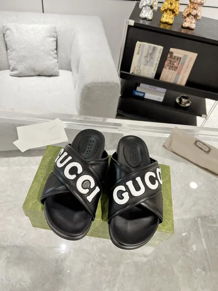 Gucci Cross-Strap Slide Sandals — Black with White Logo product view 2
