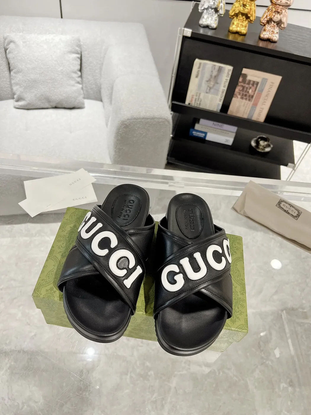 Gucci Cross-Strap Slide Sandals — Black with White Logo product view 2