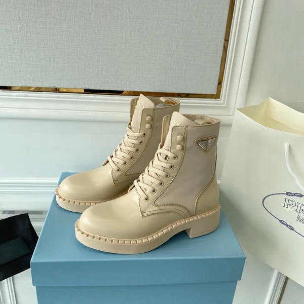 Prada Ankle Boots in Beige Brushed Leather and Re-Nylon product view 5