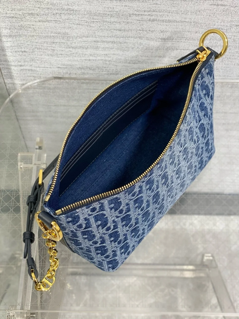 Dior Diorstar Hobo Bag with Chain in Blue Denim Oblique Jacquard product view 3