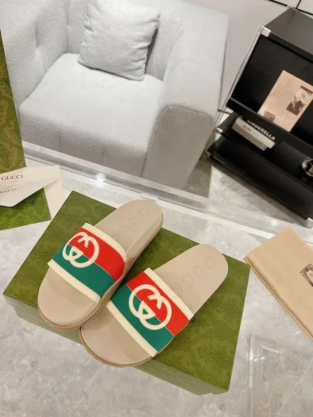 Gucci Slide Sandals, Beige/Red/Green product photo
