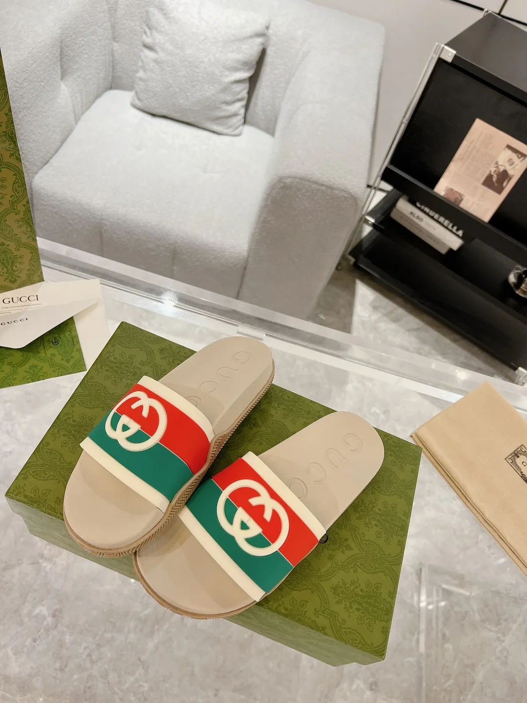 Gucci Slide Sandals, Beige/Red/Green product view 1