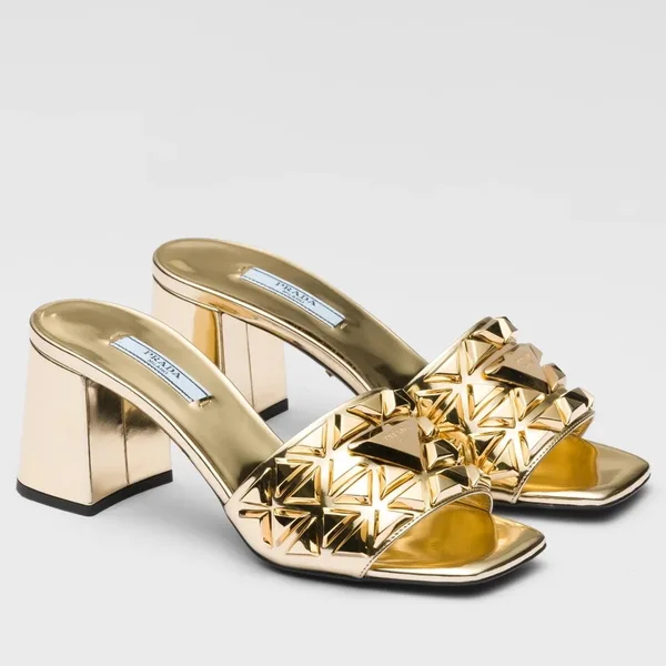 Prada Heeled Slide Sandals 65mm In Gold Metallic Leather product view 1