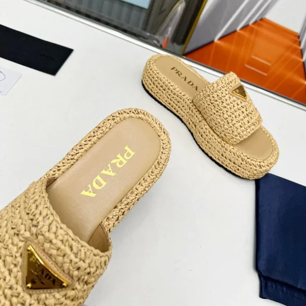 Prada Crochet Flatform Slides in Beige Raffia-effect Yarn product view 3