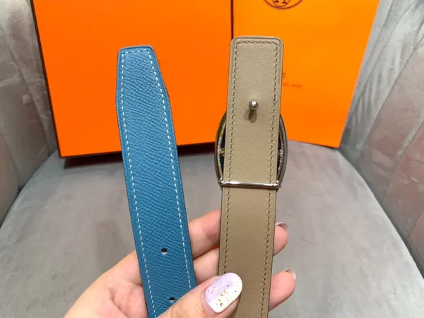Hermès Blue/Taupe Reversible Belt with Silver-Tone Oval Buckle product view 7