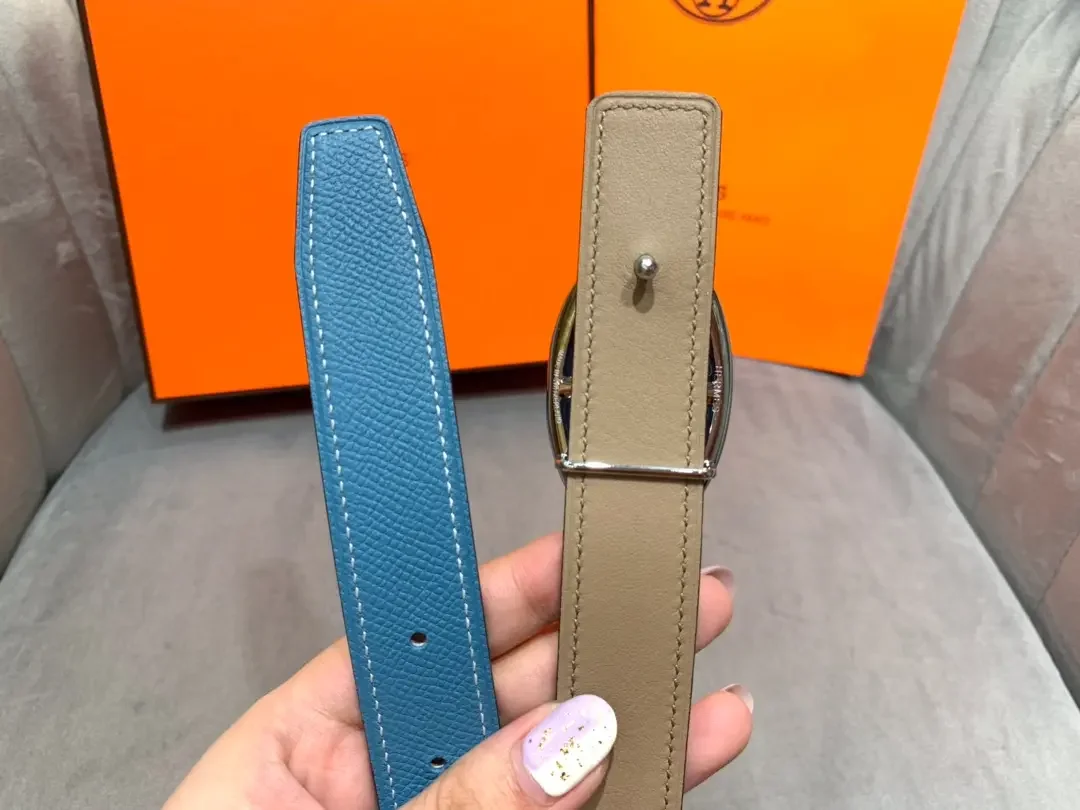 Hermès Blue/Taupe Reversible Belt with Silver-Tone Oval Buckle product view 7