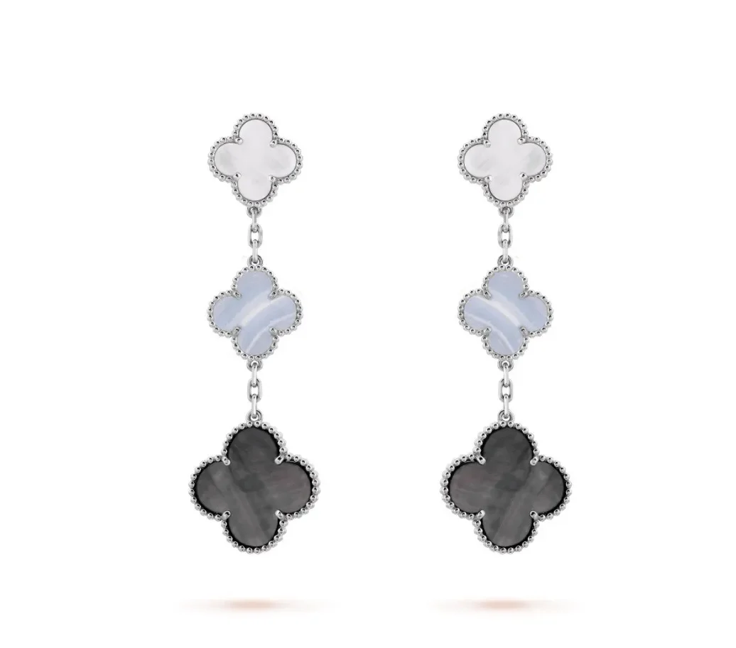 Van Cleef & Arpels Alhambra White Blue and Black Three-Motif Silver-Tone Drop Earrings product view 1
