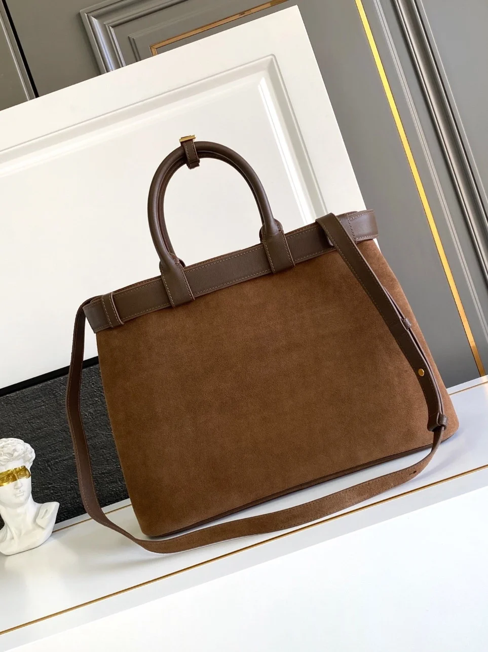 Prada Buckle Large Handbag with Belt in Cocoa Suede Calfskin product view 7
