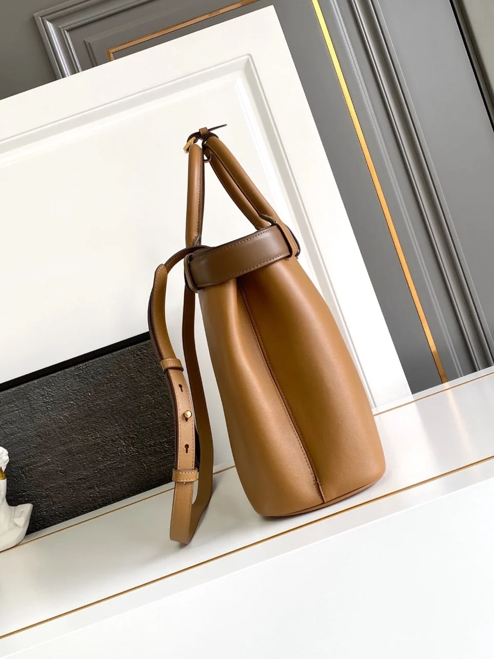 Prada Buckle Large Handbag with Belt in Caramel Calfskin product view 3