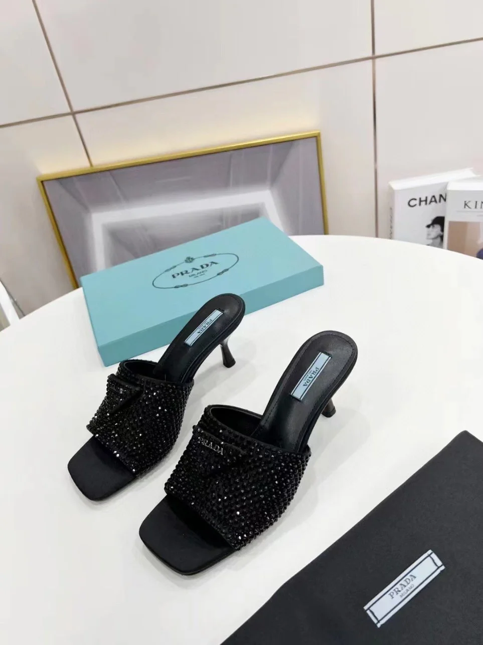 Prada Black Satin Heeled Sandals with Crystals product view 5