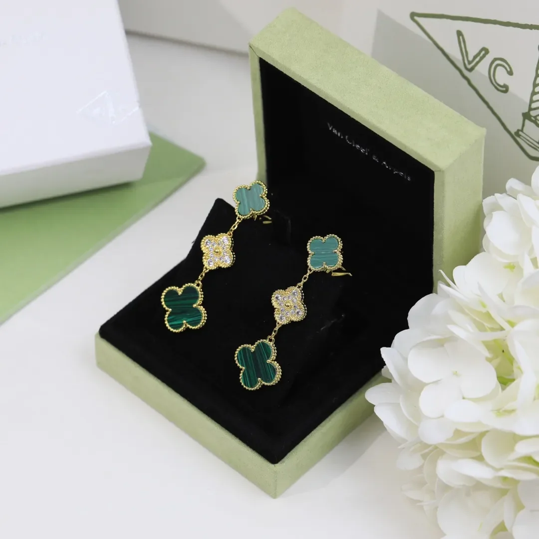 Van Cleef & Arpels Alhambra Green and Pave-Effect Three-Motif Gold-Tone Drop Earrings product view 3
