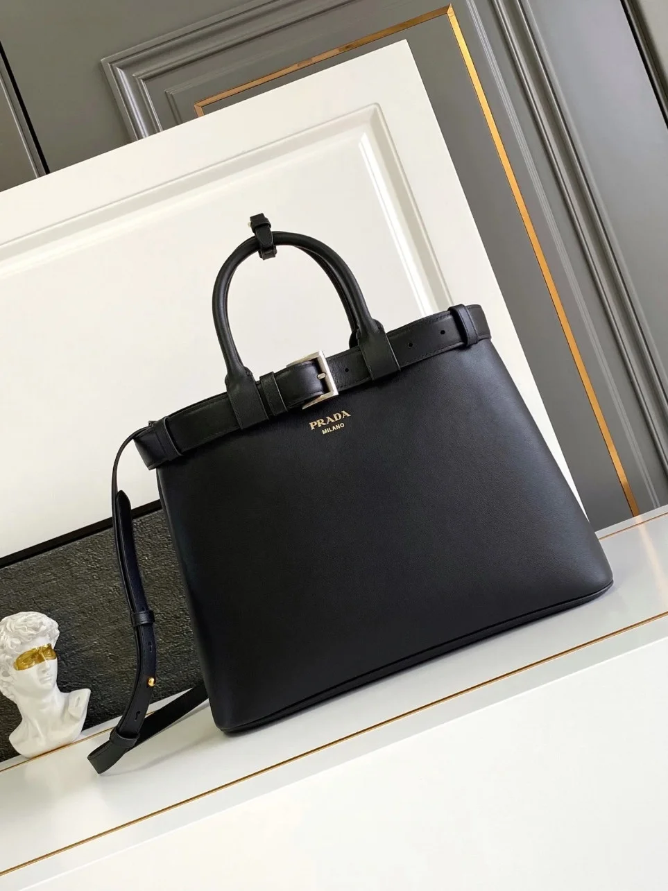 Prada Buckle Large Handbag with Belt in Black Calfskin product view 2
