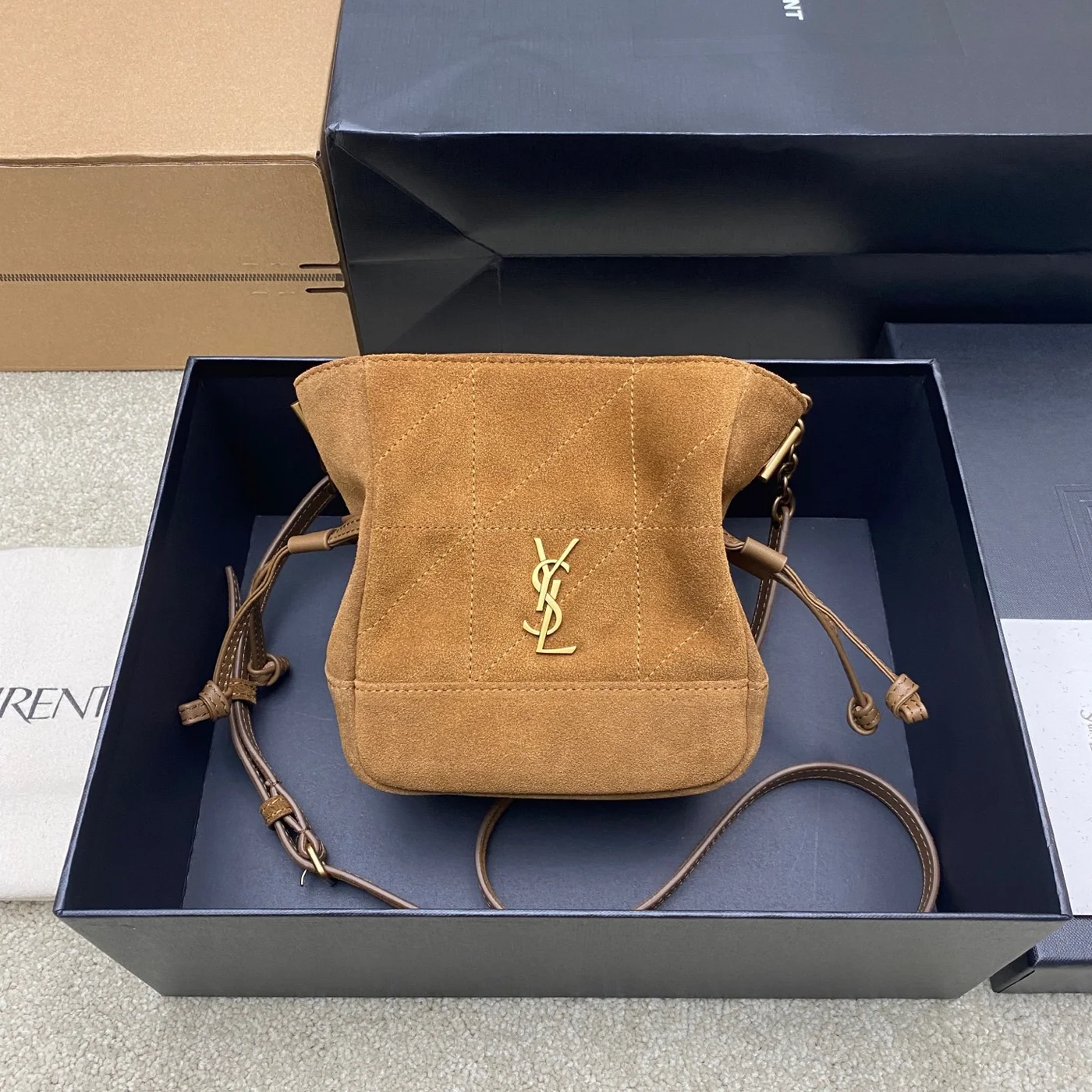 Saint Laurent Jamie Mini Shoulder Pouch — Tan Brown Suede product view 1
