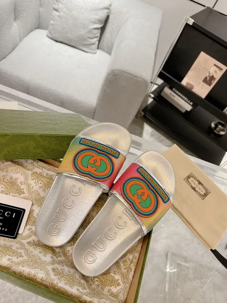 Gucci Interlocking G Slide Sandals — Silver with Rainbow Finish product view 3