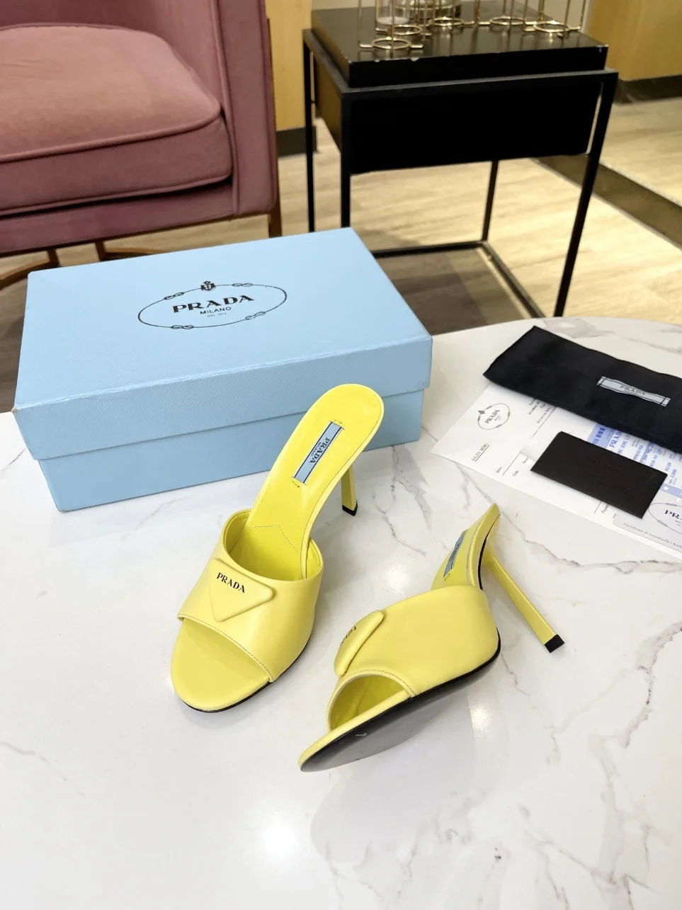 Prada Heeled Sandals 75mm in Yellow Brushed Leather product view 2