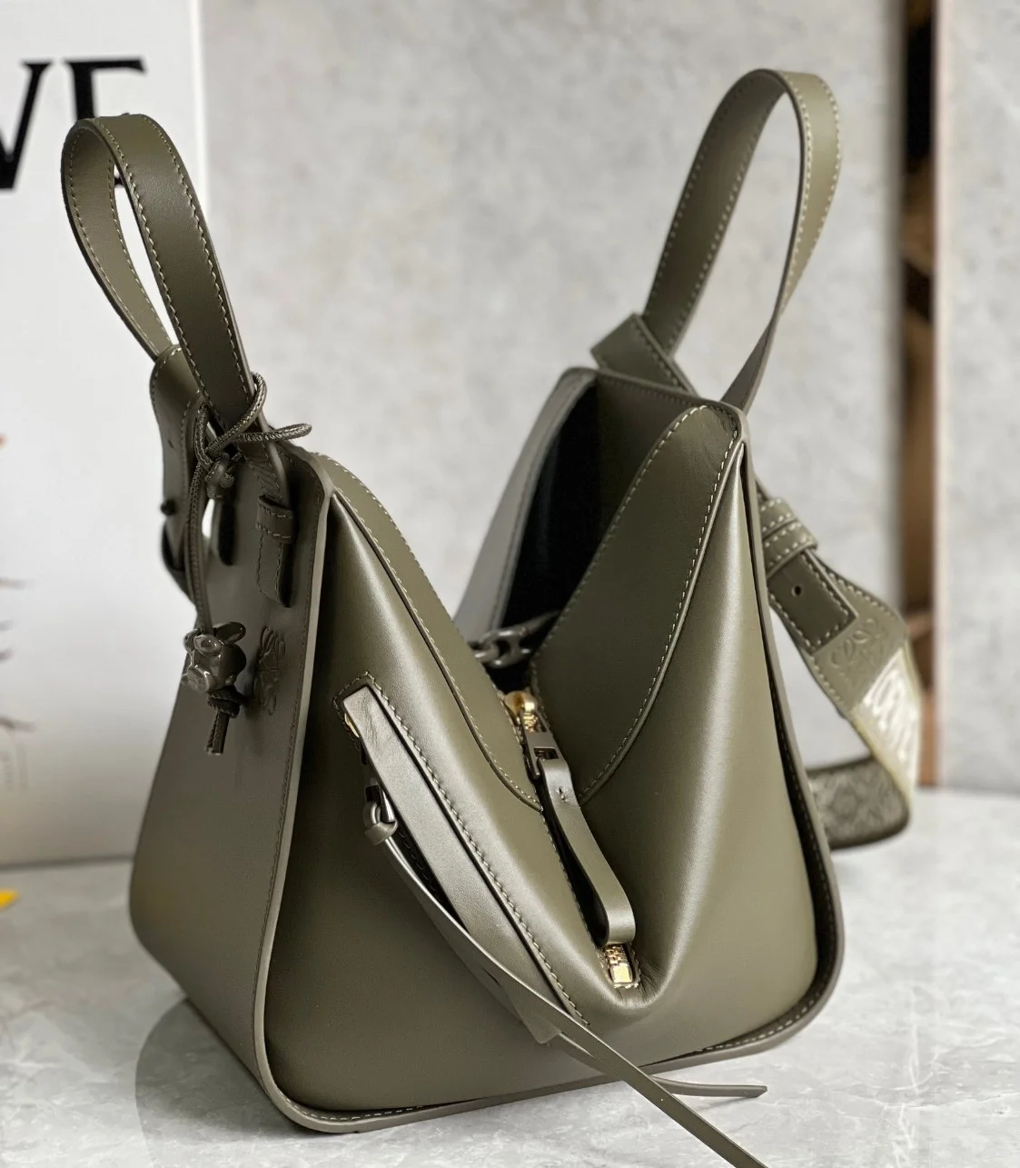 Loewe Compact Hammock Bag in Khaki Green Satin Calfskin product view 9