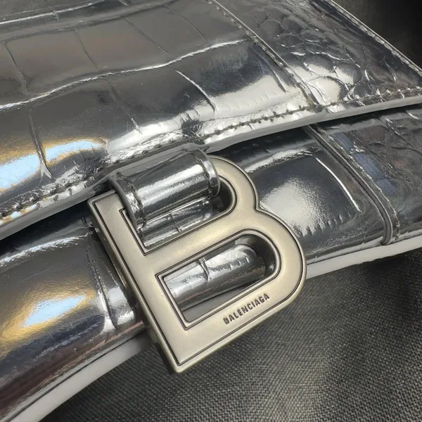 Balenciaga Hourglass XS Bag in Silver Croc-Embossed Calfskin product view 8
