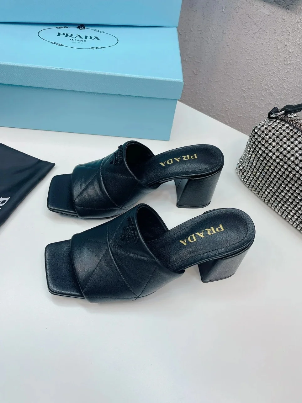 Prada Heeled Slide Sandals 65mm In Black Nappa Leather product view 3
