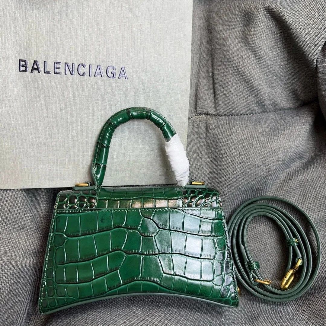 Balenciaga Hourglass XS Bag in Green Croc-Embossed Calfskin product view 6
