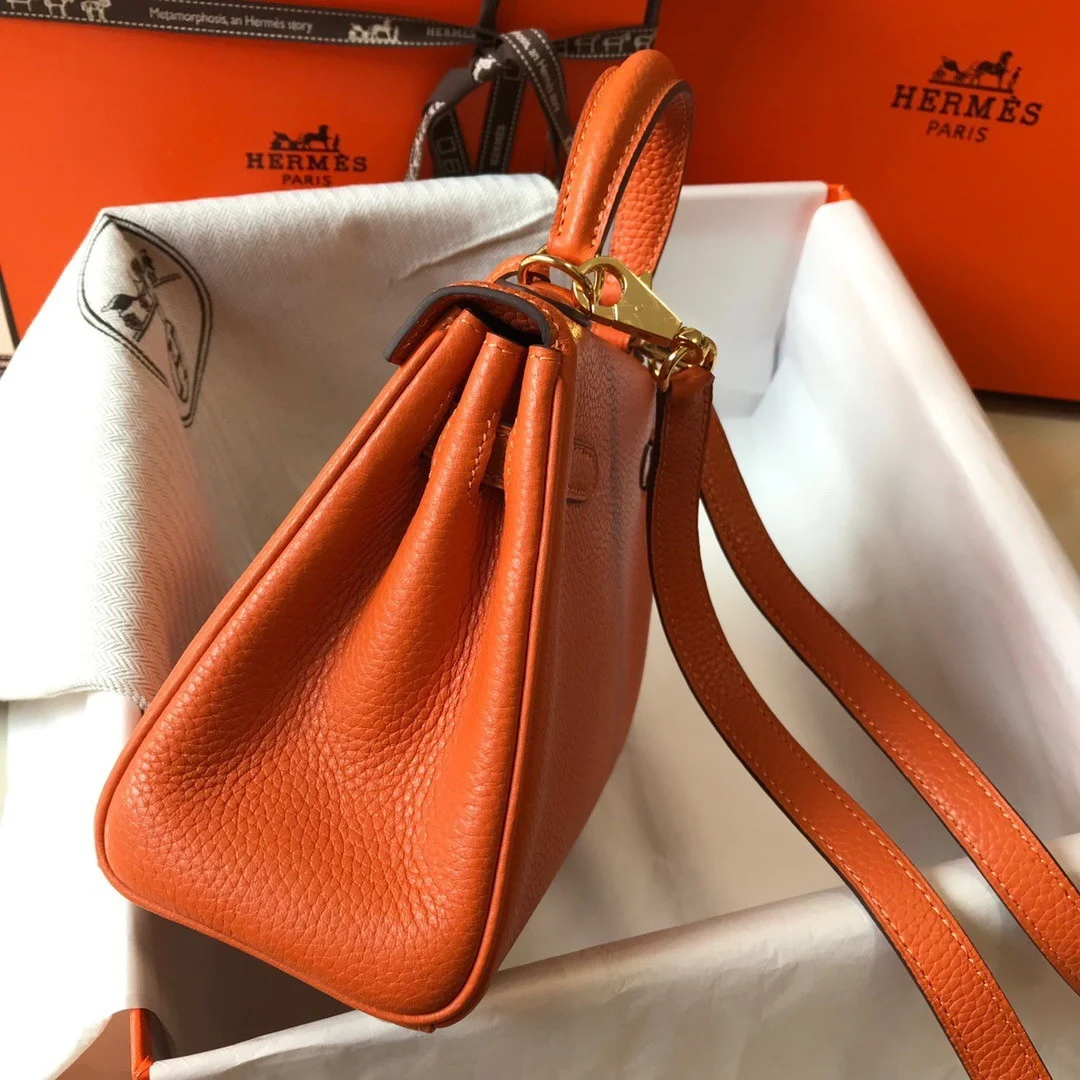 Hermes Kelly 20cm Bag In Orange Clemence Leather GHW product view 4