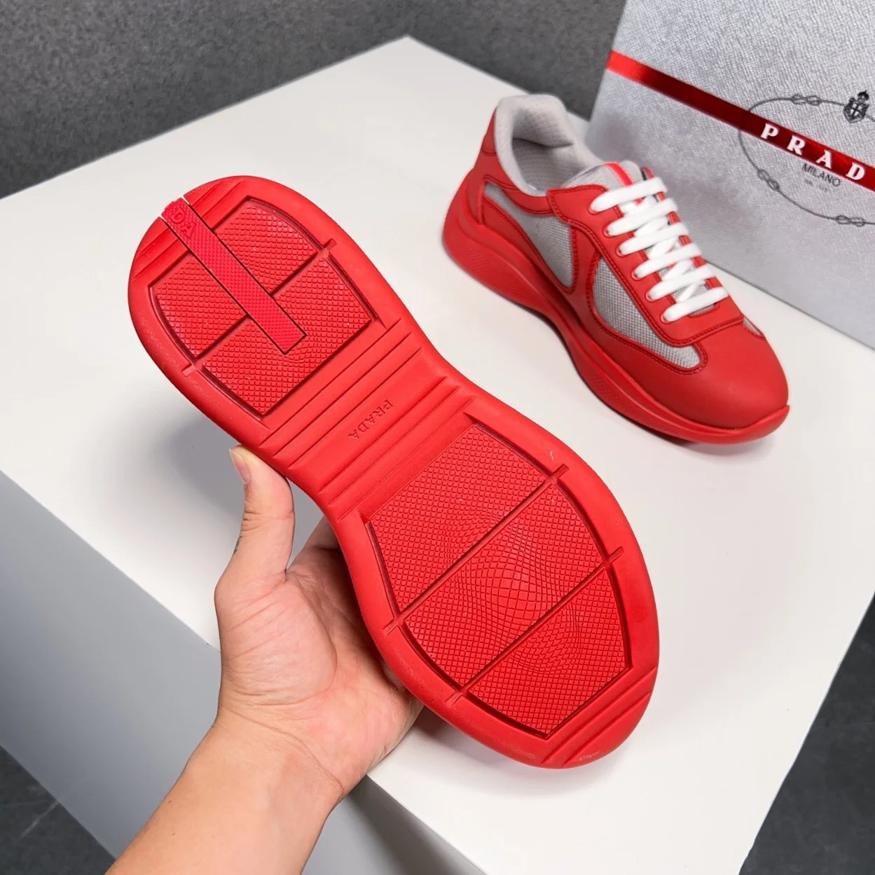 Prada America’s Cup Sneakers in Red Rubber and Bike Fabric product view 7