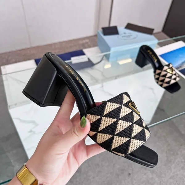 Prada Heeled Slide Sandals 65mm in Black and Beige Fabric product view 5