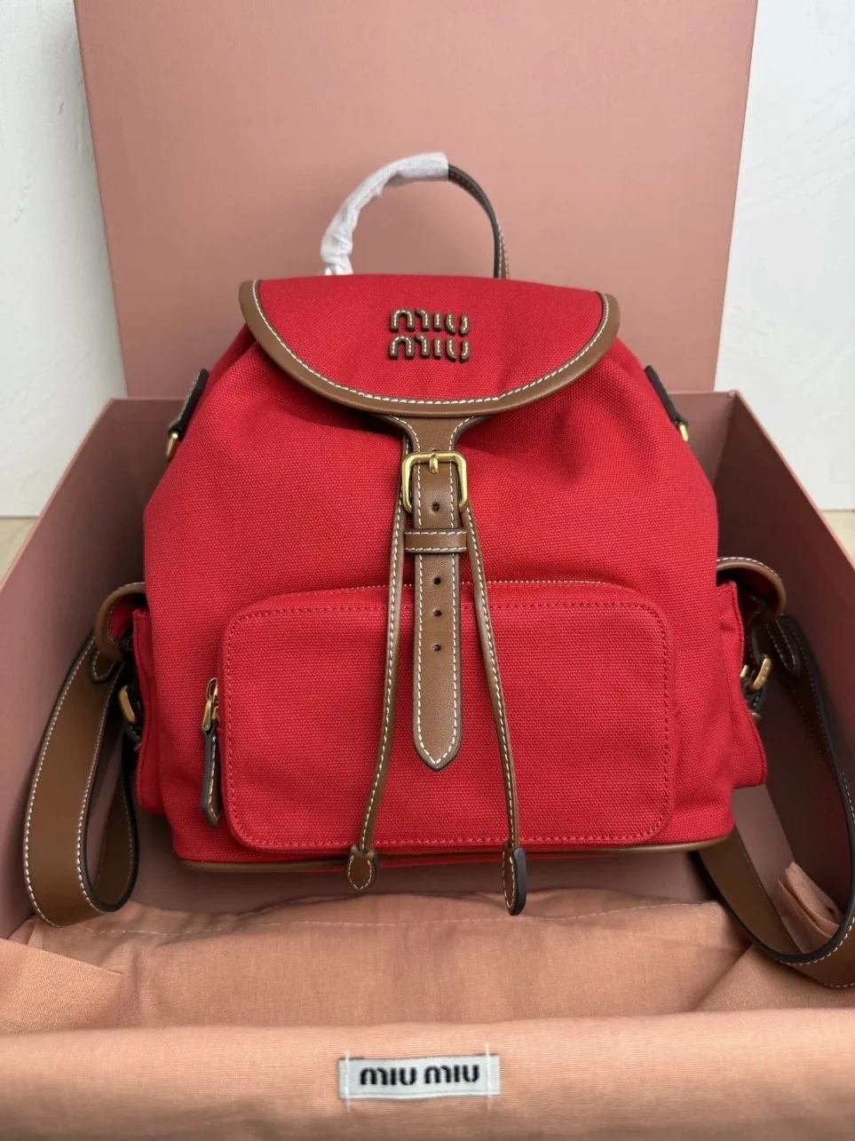 Miu Miu Large Backpack in Red Canvas and Calfskin product view 3