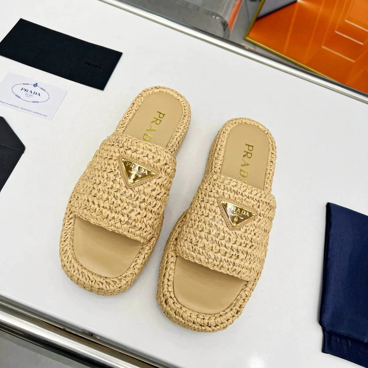 Prada Crochet Flatform Slides in Beige Raffia-effect Yarn product view 6